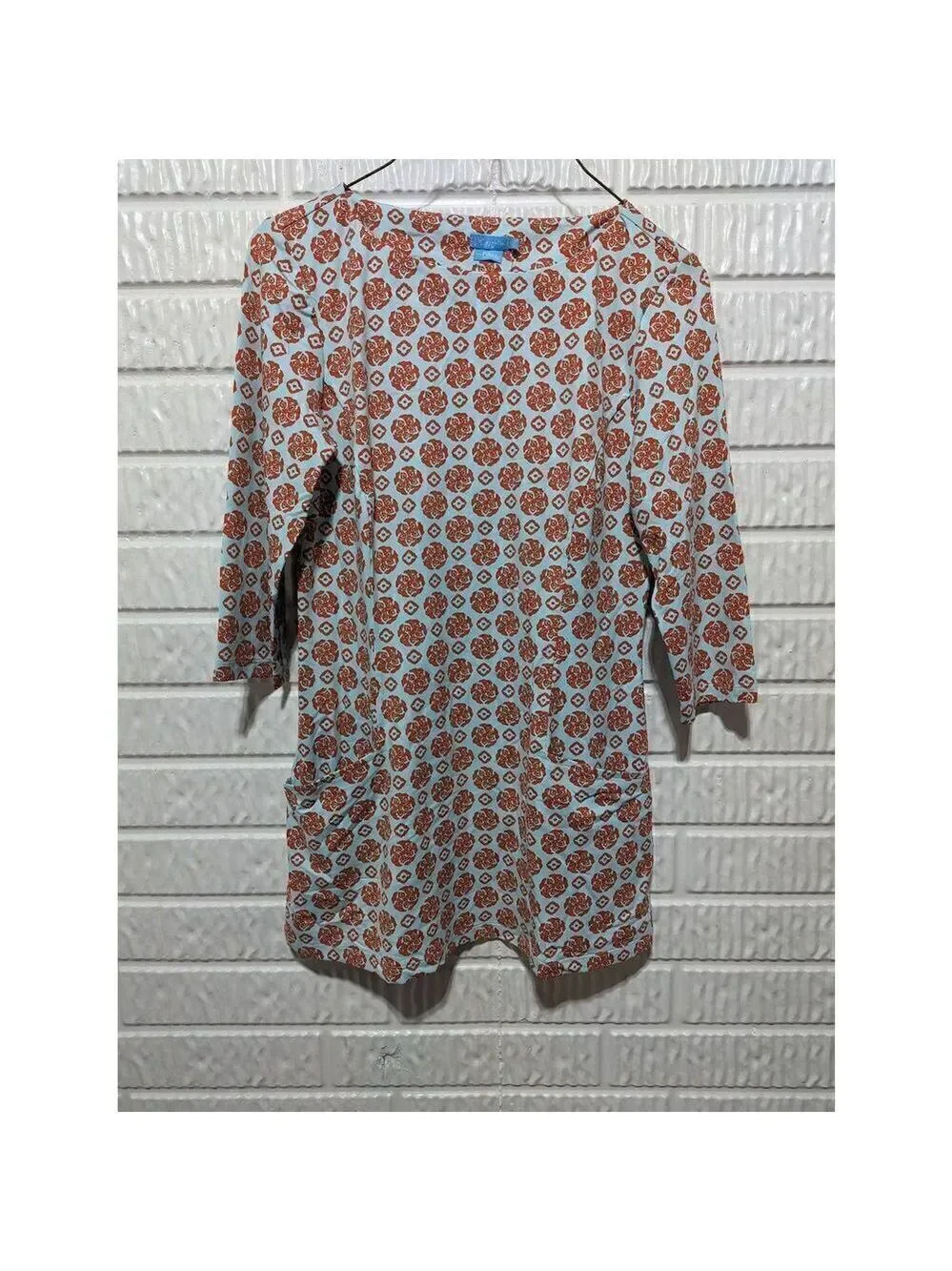 J McLaughlin Women's Light Blue Orange Pattern Front Pockets Tunic Top XS NWT